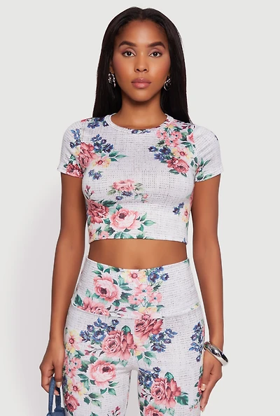 Womens Floral Print High Neck Crop Top, Multi, Size L