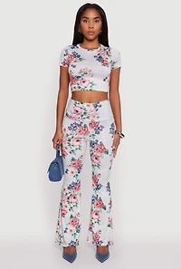 Womens Floral Print High Neck Crop Top, Multi, Size L
