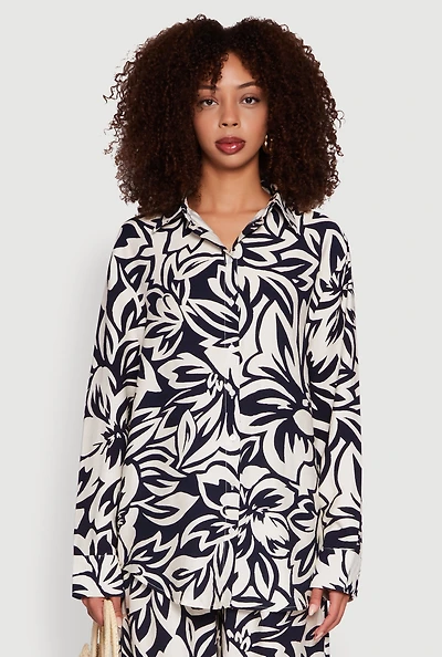 Womens Floral Print Crepe Knit Button Front Blouse, Multi,