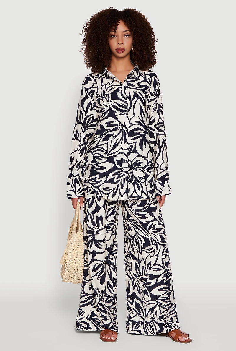 Floral Print Crepe Knit Button Front Blouse