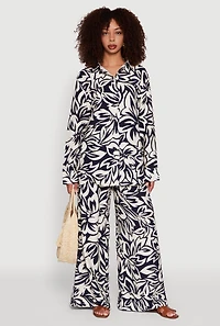 Floral Print Crepe Knit Button Front Blouse