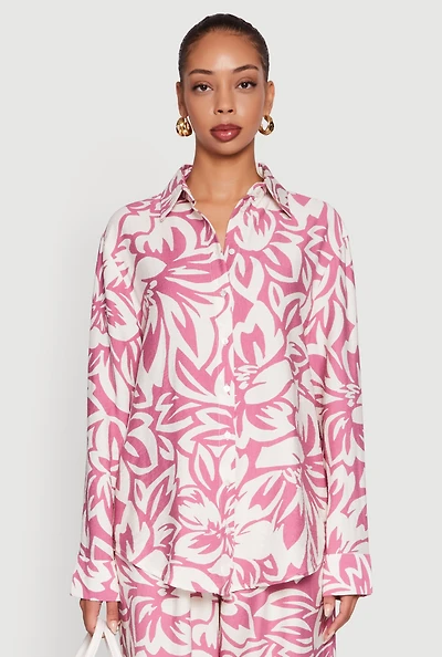 Womens Floral Print Crepe Knit Button Front Blouse, Multi, Size L