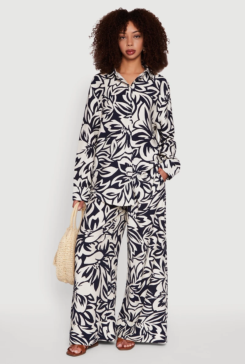 Womens Crepe Knit Floral Print Drawstring Waist Palazzo Pants, Multi, Size S