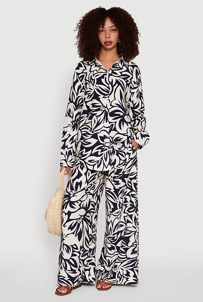Womens Crepe Knit Floral Print Drawstring Waist Palazzo Pants, Multi, Size S