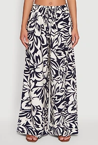Womens Crepe Knit Floral Print Drawstring Waist Palazzo Pants, Multi, Size S