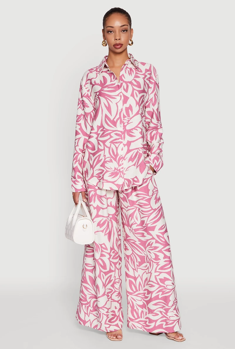 Crepe Knit Floral Print Drawstring Waist Palazzo Pants