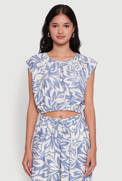 Womens Crepe Knit Printed Pattern Crop Top, Blue, Size S