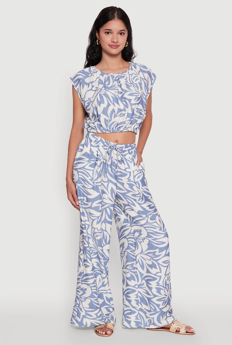 Womens Crepe Knit Printed Pattern Crop Top, Blue, Size S