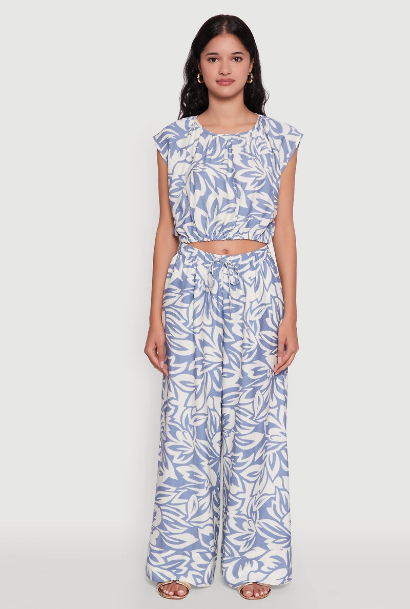 Womens Crepe Knit Printed Pattern Crop Top, Blue, Size S