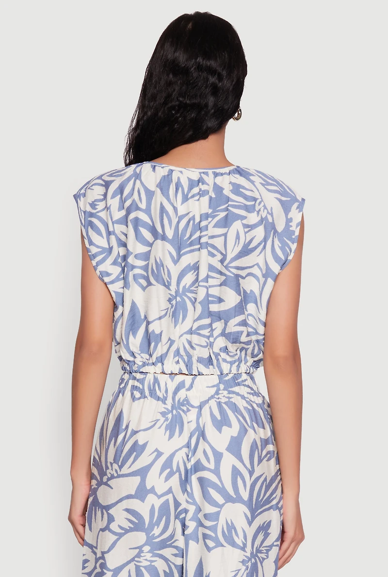 Womens Crepe Knit Printed Pattern Crop Top, Blue, Size S