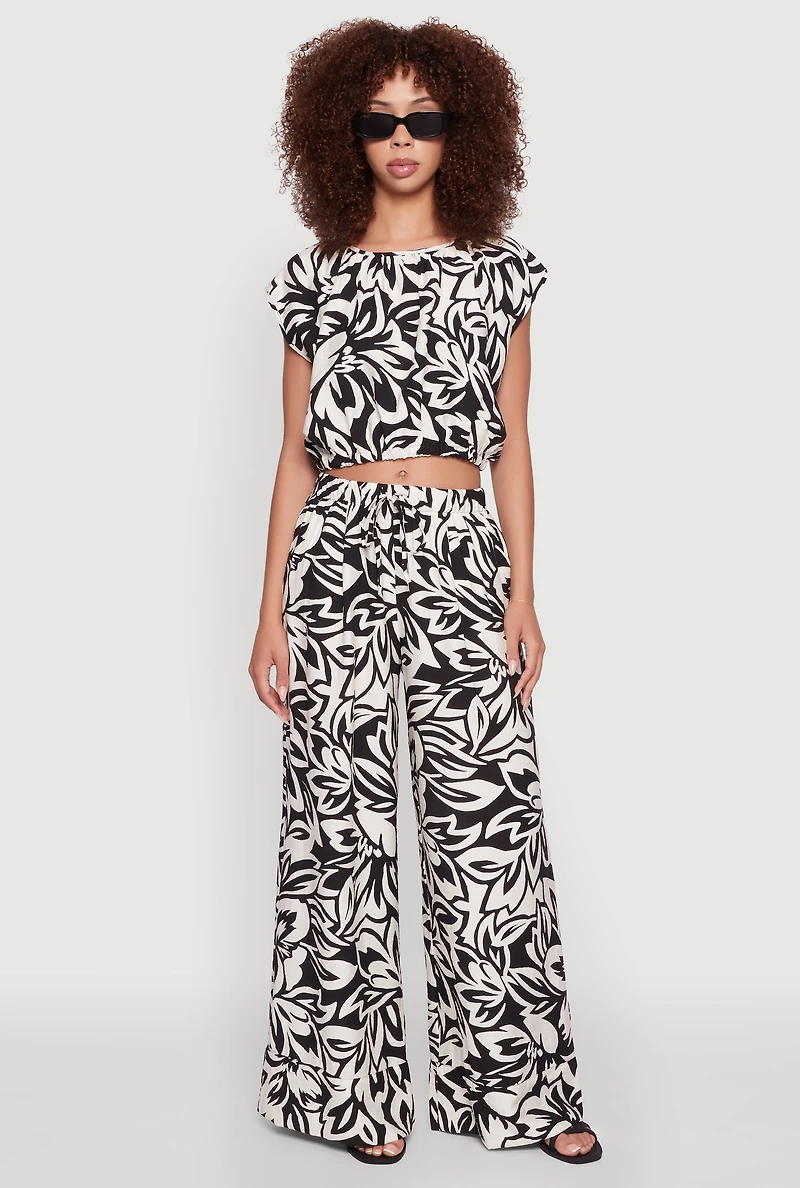 Womens Crepe Knit Floral Palazzo Pants with Drawstring Waist, Multi,