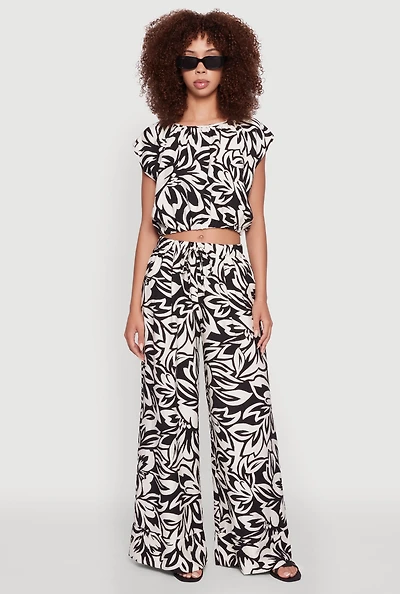 Womens Crepe Knit Floral Palazzo Pants with Drawstring Waist, Multi,