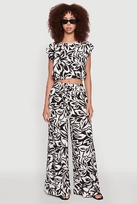 Womens Crepe Knit Floral Palazzo Pants with Drawstring Waist, Multi,