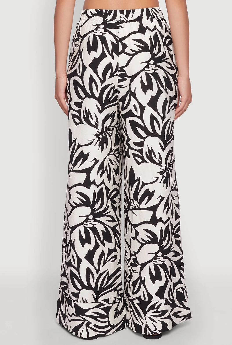 Womens Crepe Knit Floral Palazzo Pants with Drawstring Waist, Multi, Size L