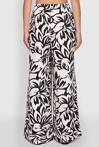 Womens Crepe Knit Floral Palazzo Pants with Drawstring Waist, Multi, Size L