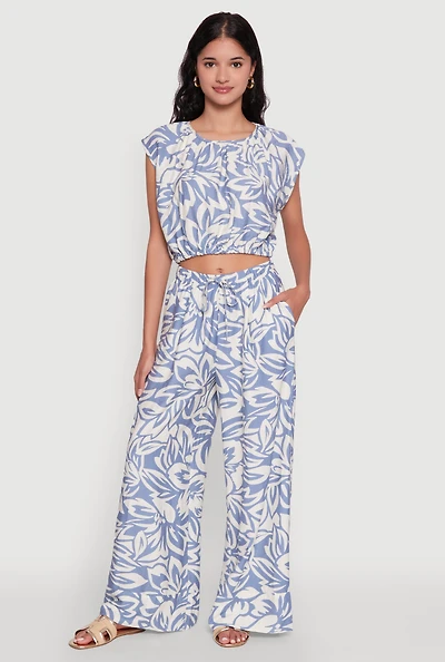 Womens Crepe Knit Floral Palazzo Pants with Drawstring Waist,