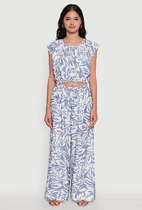 Womens Crepe Knit Floral Palazzo Pants with Drawstring Waist,