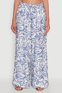 Womens Crepe Knit Floral Palazzo Pants with Drawstring Waist,