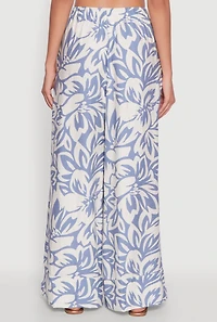 Womens Crepe Knit Floral Palazzo Pants with Drawstring Waist,