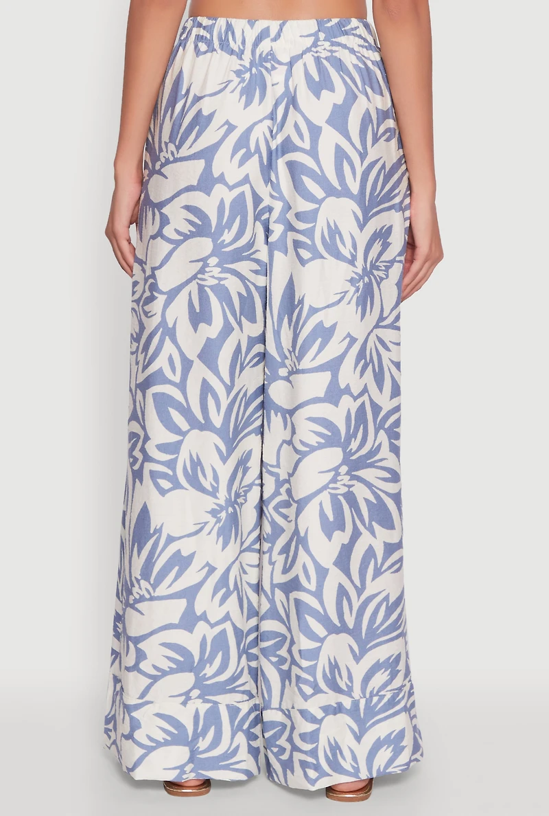 Womens Crepe Knit Floral Palazzo Pants with Drawstring Waist, Blue, Size L