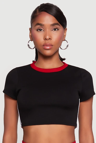 Womens Varsity Stripe Detail Short Sleeve Crop Top, Black,