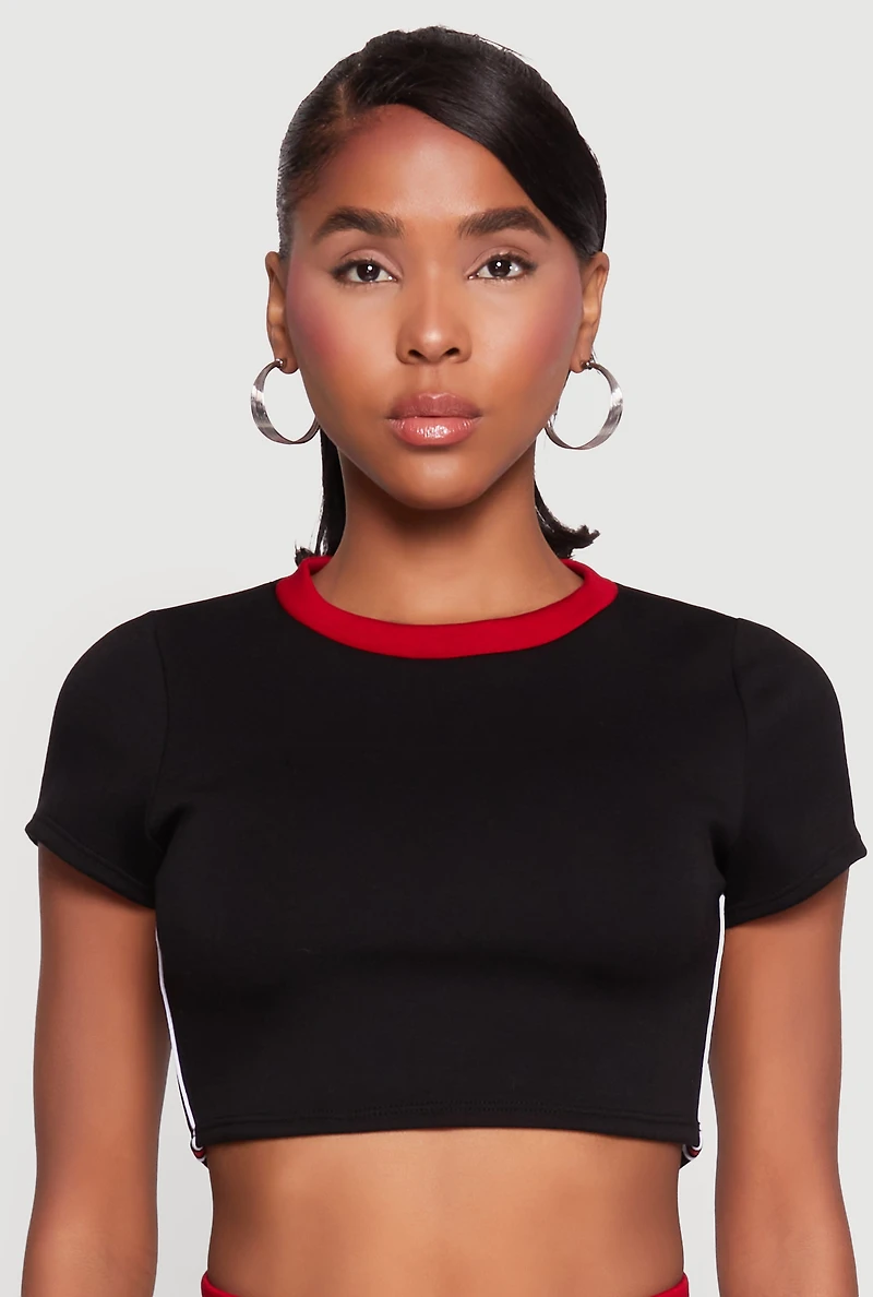 Womens Varsity Stripe Detail Short Sleeve Crop Top, Black,