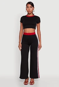 Womens Varsity Stripe Detail Short Sleeve Crop Top, Black, Size L