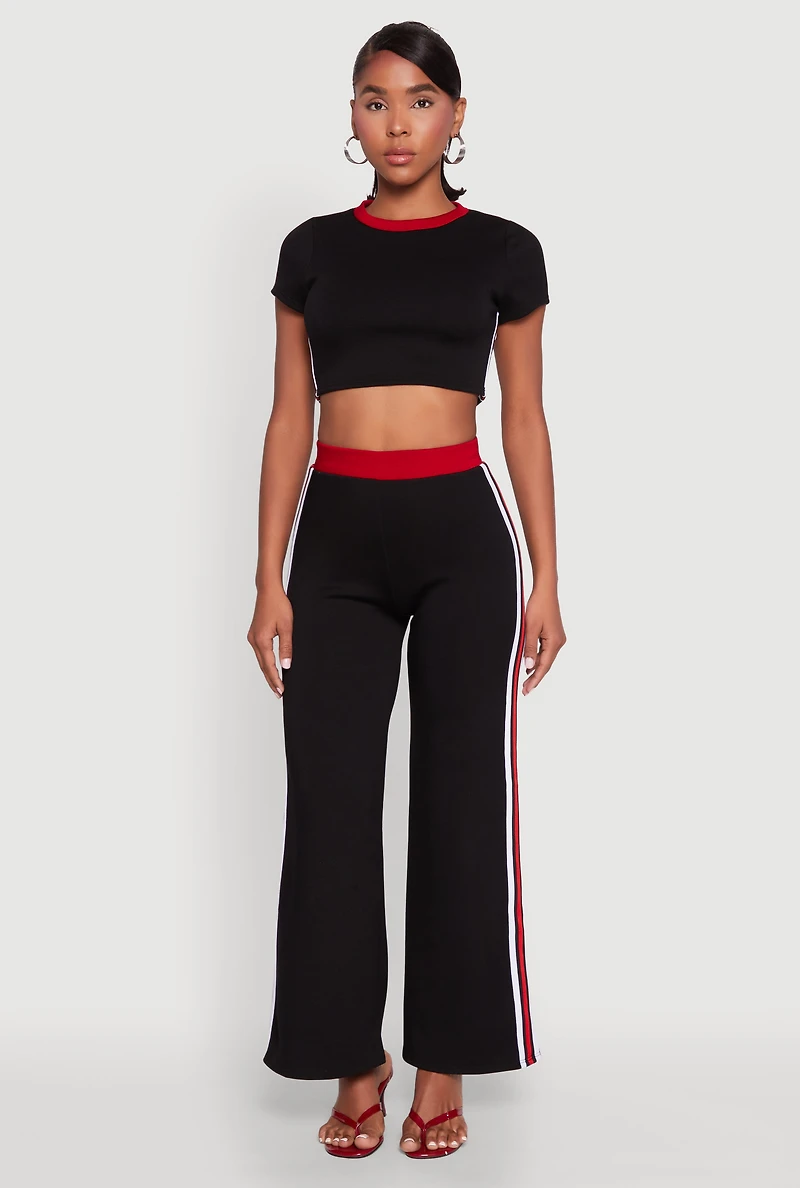 Womens Varsity Stripe Detail Short Sleeve Crop Top, Black,