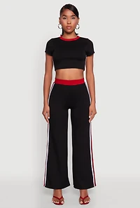 Womens Varsity Stripe Detail Short Sleeve Crop Top, Black,