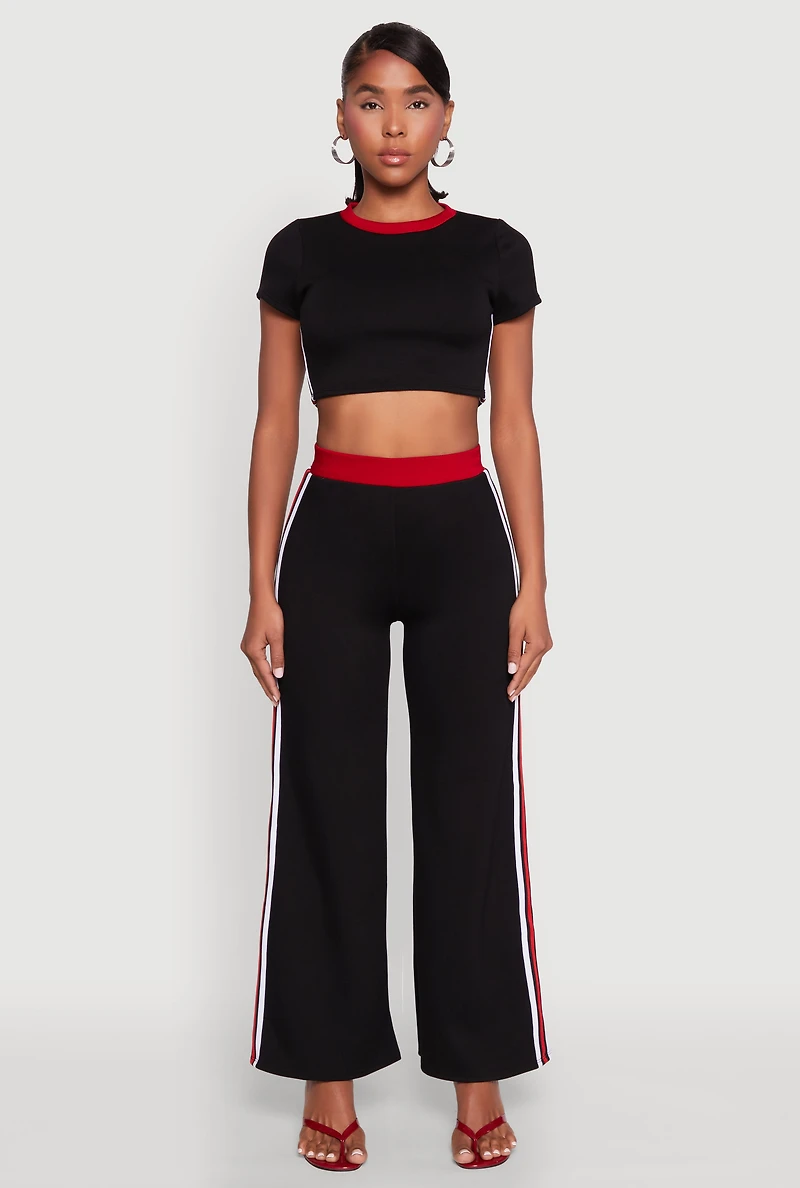 Womens Varsity Stripe Detail Short Sleeve Crop Top, Black, Size M