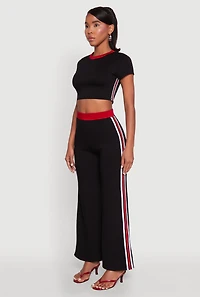 Womens Varsity Stripe Detail Short Sleeve Crop Top, Black,