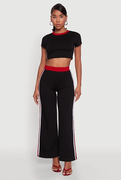 Womens Scuba Contrast Trim Wide Leg Pants, Black, Size L
