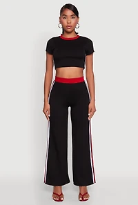 Womens Scuba Contrast Trim Wide Leg Pants, Black, Size M
