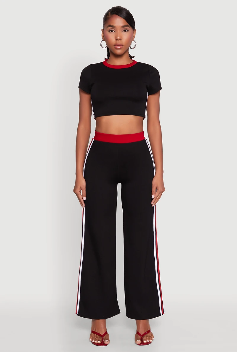 Womens Scuba Contrast Trim Wide Leg Pants, Black,