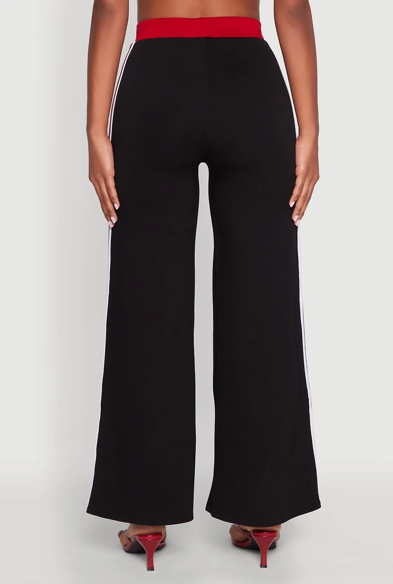 Womens Scuba Contrast Trim Wide Leg Pants, Black, Size L