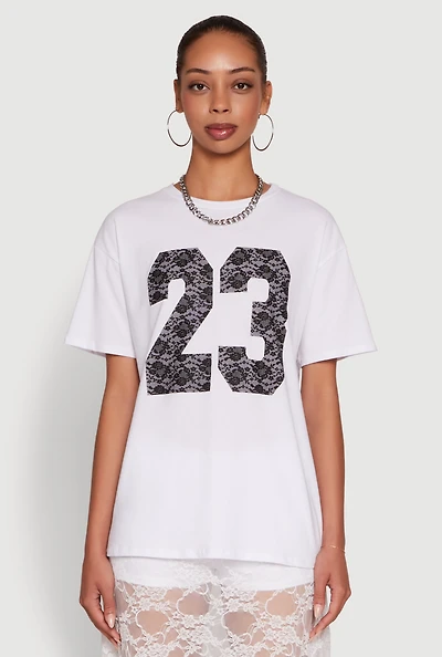 Womens Stylish 23 Crew Neck Short Sleeve Tee, White, Size M