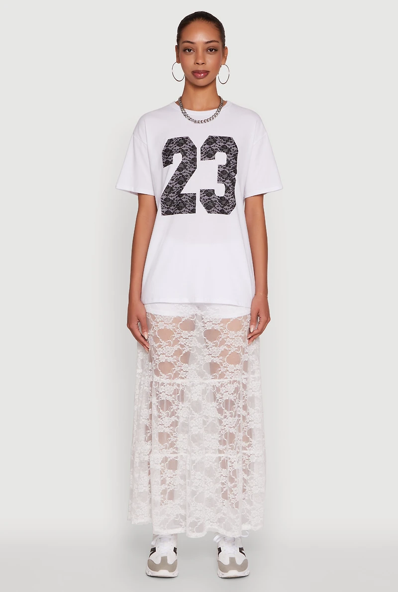 Womens Chic High Waisted Maxi Tiered Lace Skirt, White, Size XL