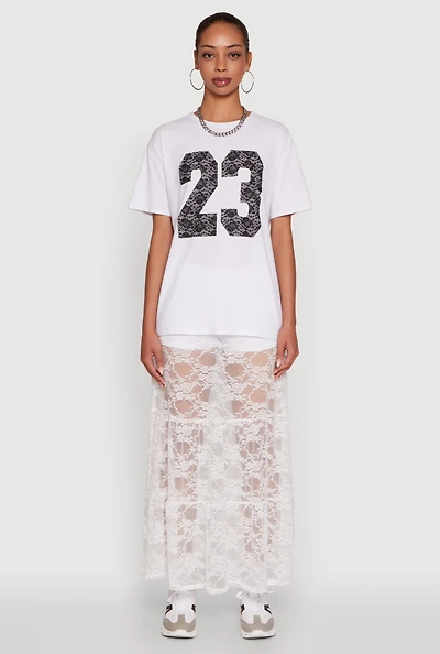 Womens Chic High Waisted Maxi Tiered Lace Skirt, White, Size XL