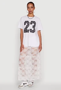 Womens Chic High Waisted Maxi Tiered Lace Skirt, White, Size XL