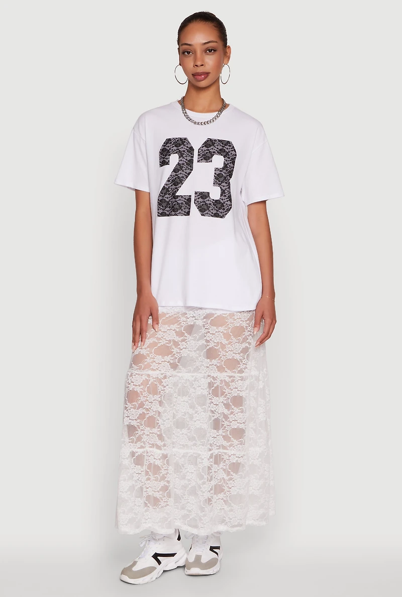 Womens Chic High Waisted Maxi Tiered Lace Skirt, White, Size L