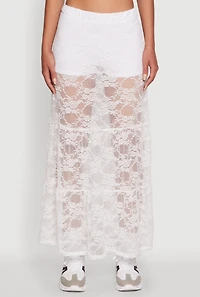 Womens Chic High Waisted Maxi Tiered Lace Skirt, White, Size M