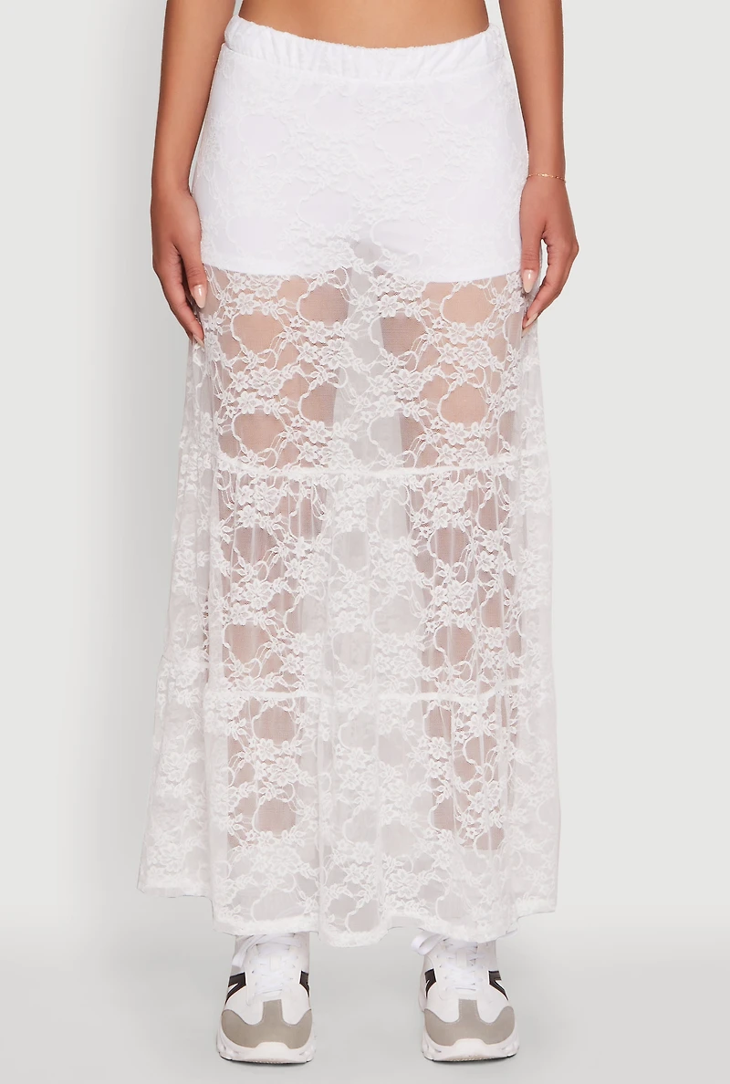Womens Chic High Waisted Maxi Tiered Lace Skirt, White, Size L