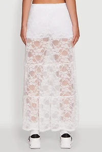 Womens Chic High Waisted Maxi Tiered Lace Skirt, White, Size M