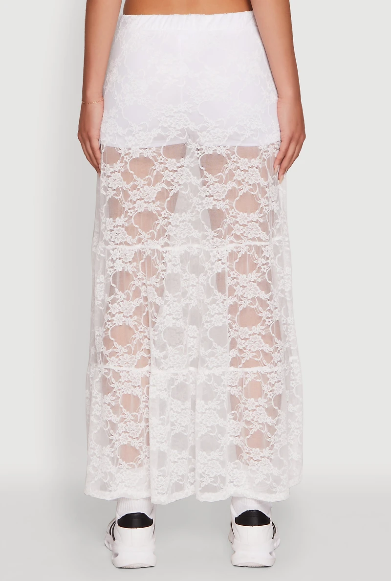 Womens Chic High Waisted Maxi Tiered Lace Skirt, White, Size L