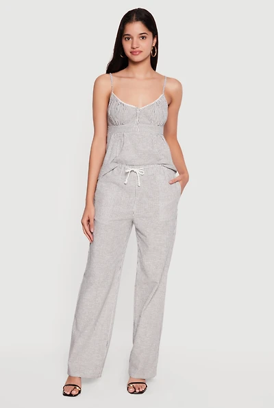 Striped Linen Drawstring Waist Pull On Pants