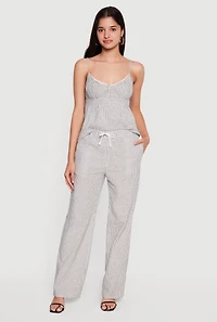 Striped Linen Drawstring Waist Pull On Pants