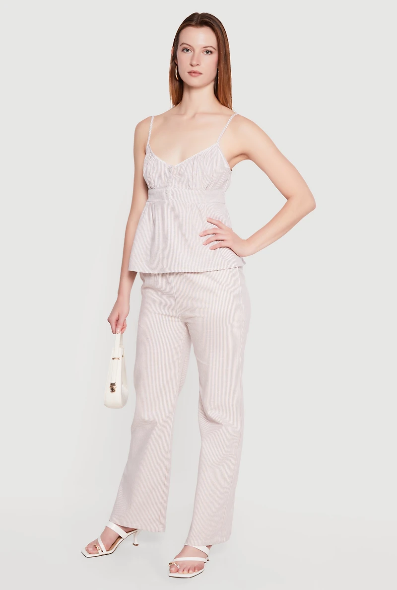 Striped Linen Drawstring Waist Pull On Pants
