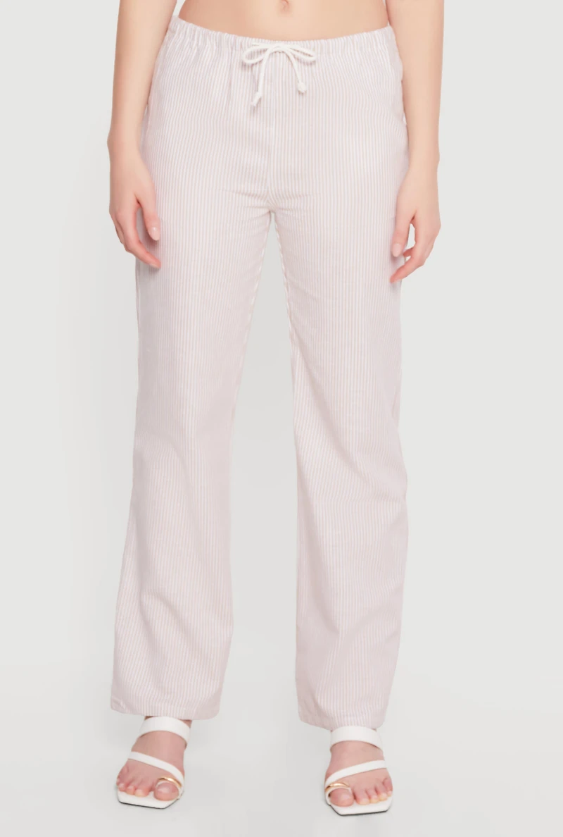 Striped Linen Drawstring Waist Pull On Pants