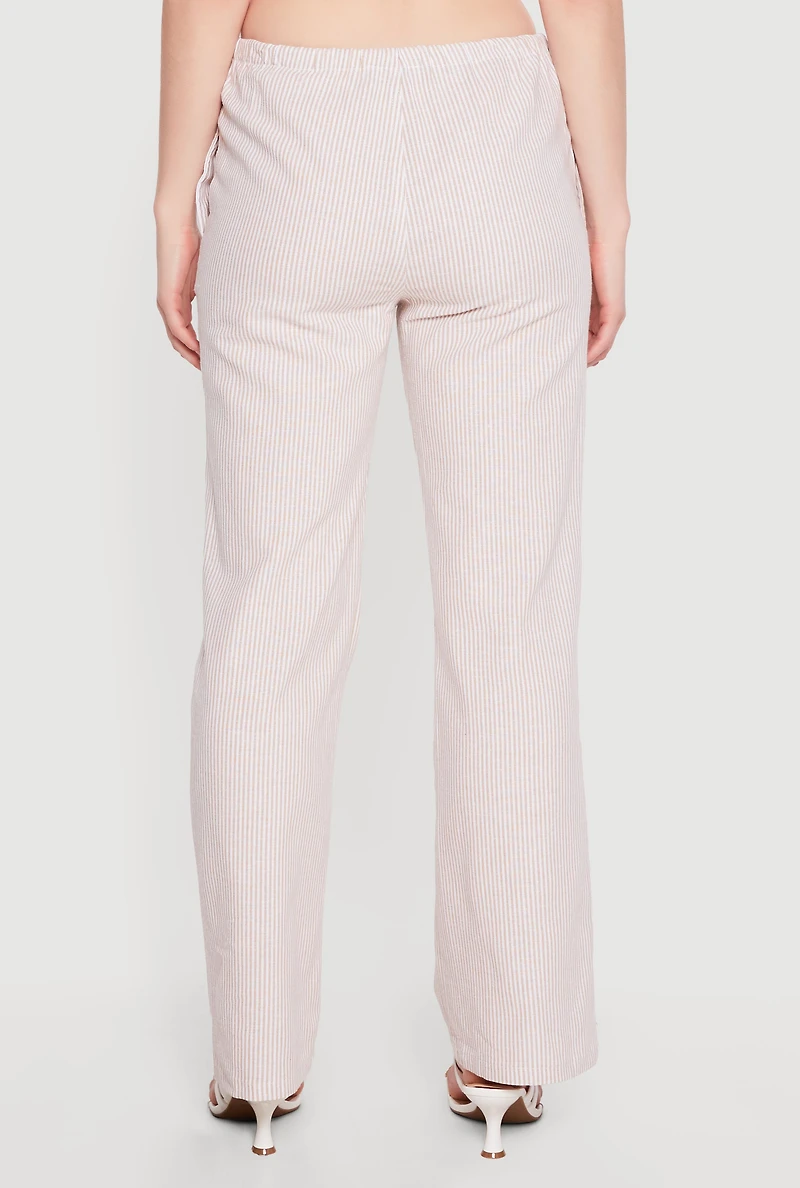 Striped Linen Drawstring Waist Pull On Pants
