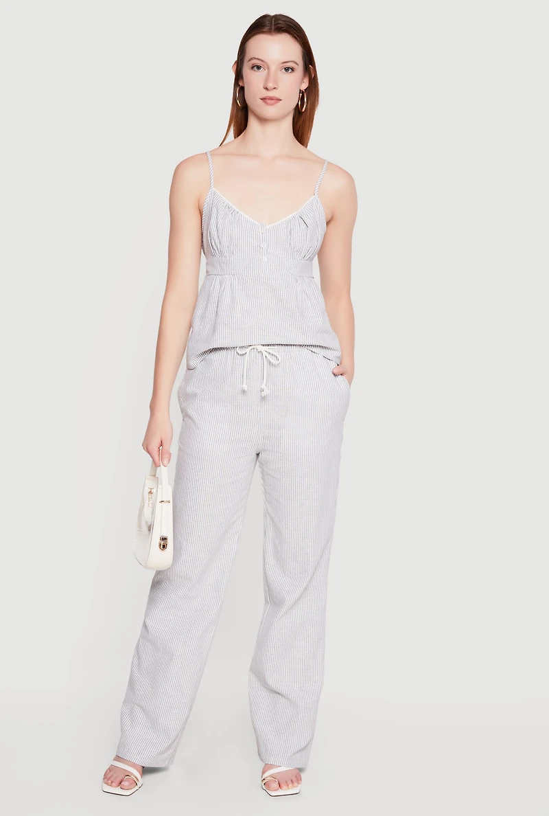 Striped Linen Drawstring Waist Pull On Pants